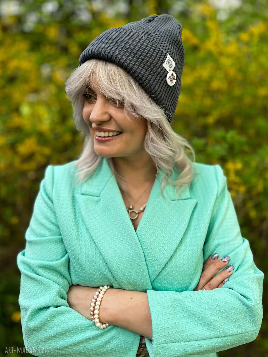 Ręcznie robiona czapka beanie z bawełny Brain Inside w ciemnym szarym (2w1)