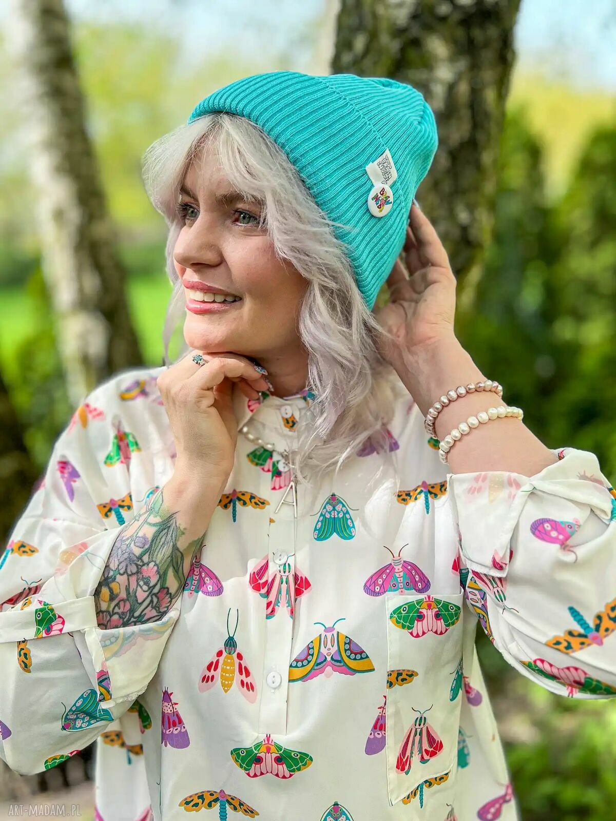 Czapka beanie z bawełny w kolorze turkusowym - logo Brain Inside na jesień