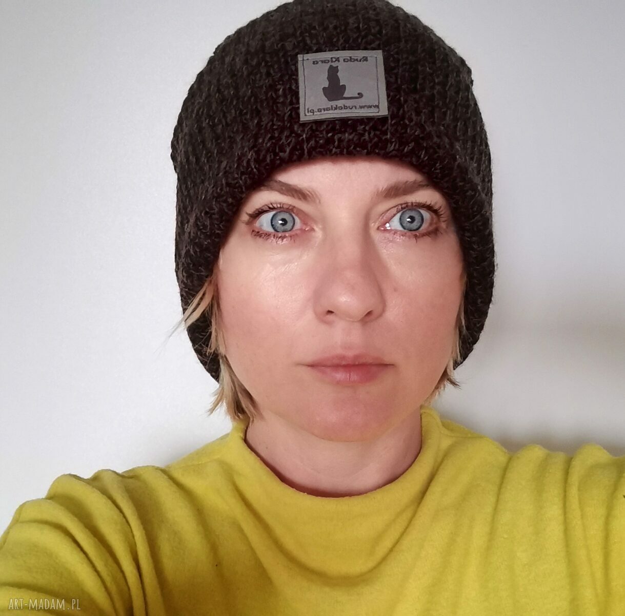 Brązowa czapka wełniana boho etno z podszewką - rozmiar uniwersalny