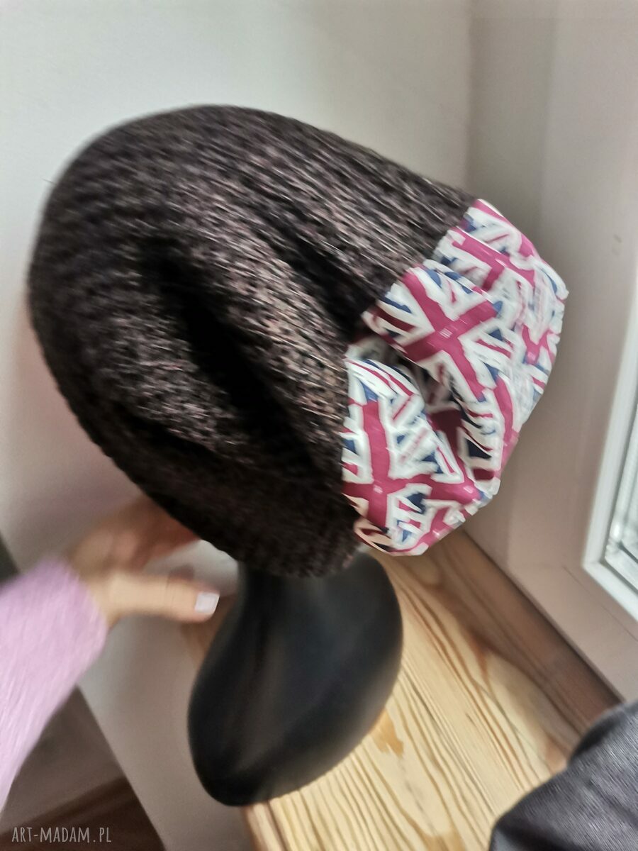 Brązowa czapka Smerfetka unisex na podszewce - ręcznie robiona boho folk