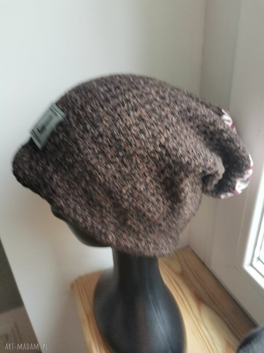 Brązowa czapka Smerfetka unisex na podszewce - ręcznie robiona boho folk