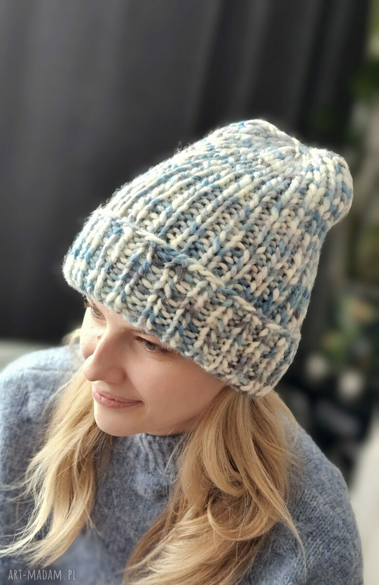 Czapka chunky bold wełniana drutach prezent beanie zimowa ciepła