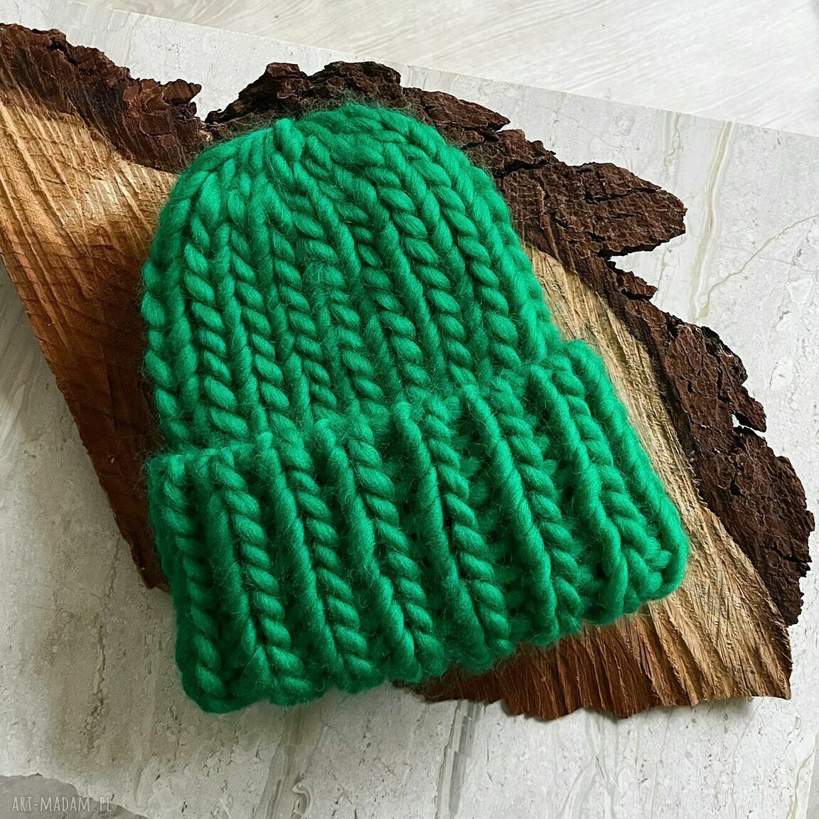 Czapka beanie chunky Kelly Green - ręcznie robiona na drutach