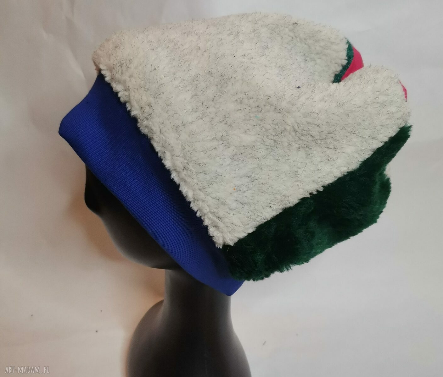 Ciepła czapka zimowa Baranek w stylu folk boho - patchwork na podszewce