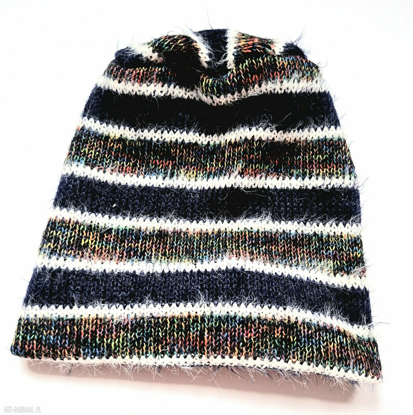Ciepła czapka na podszewce od Rudej Klary - rozmiar uniwersalny (granatowo-białe paski)