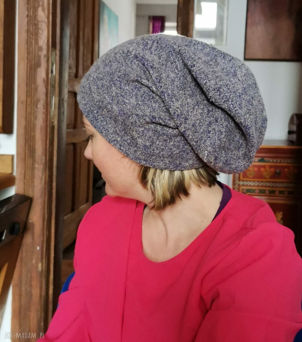 Ciepła czapka damska Smerfetka boho na podszewce - niebiesko-szara