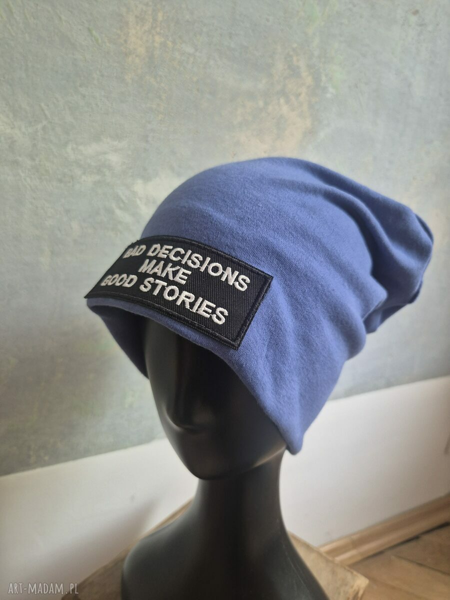 Niebieska czapka boho Frida na podszewce - unisex, rozmiar uniwersalny