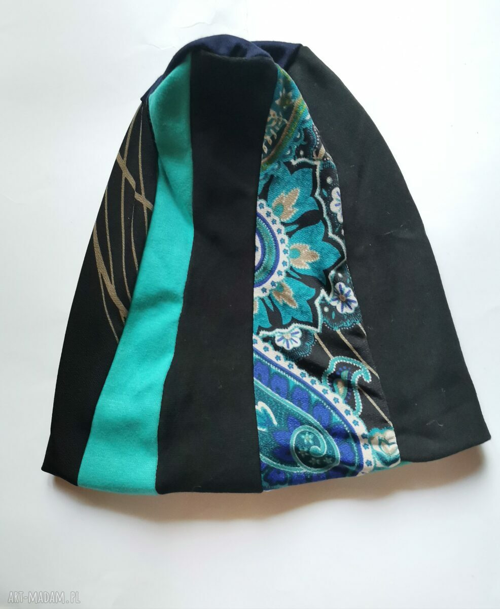 Czapka patchworkowa smerfetka na podszewce - boho folk, uniwersalna