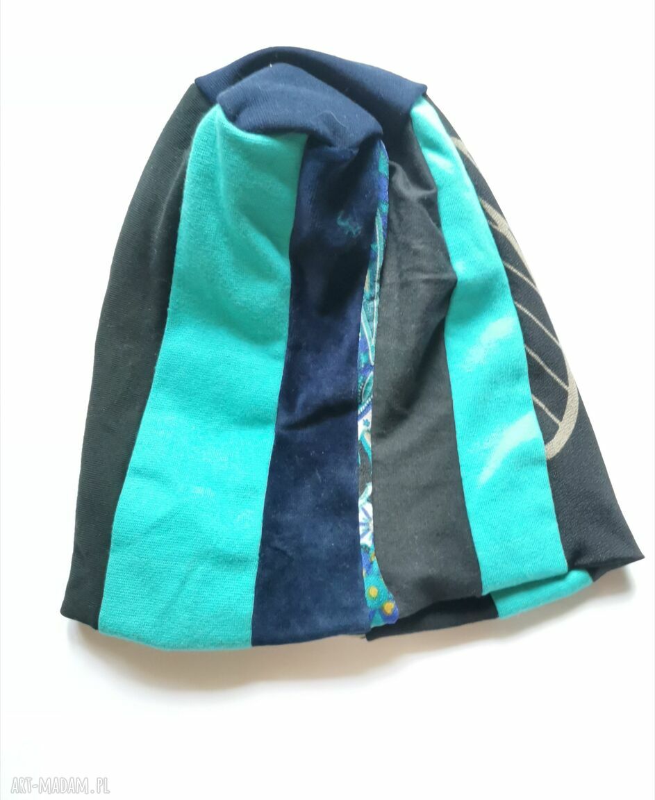 Czapka patchworkowa smerfetka na podszewce - boho folk, uniwersalna