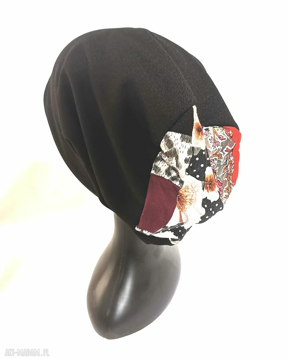 Czarna czapka patchworkowa Smerfetka na podszewce - handmade i lekko rozciągliwa