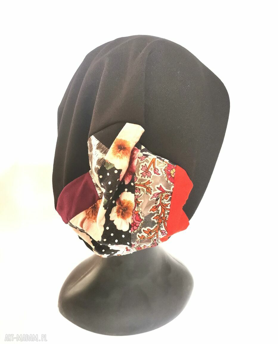 Czarna czapka patchworkowa Smerfetka na podszewce - handmade i lekko rozciągliwa
