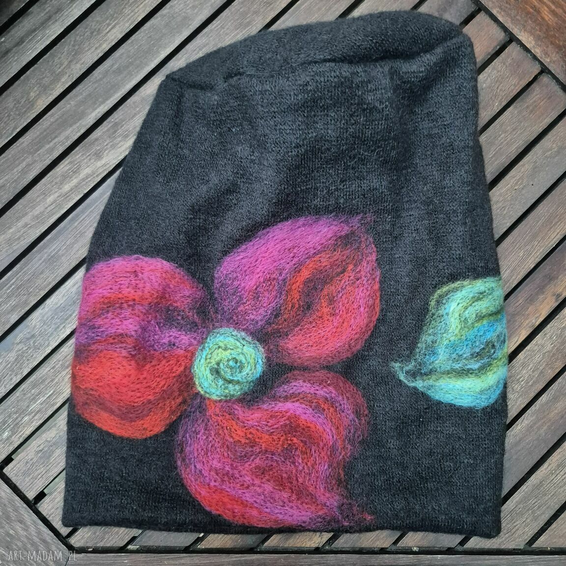 Czapka wełniana filcowana „Frida” - folk etno boho w kwiaty, z podszewką (rozmiar uniwersalny)