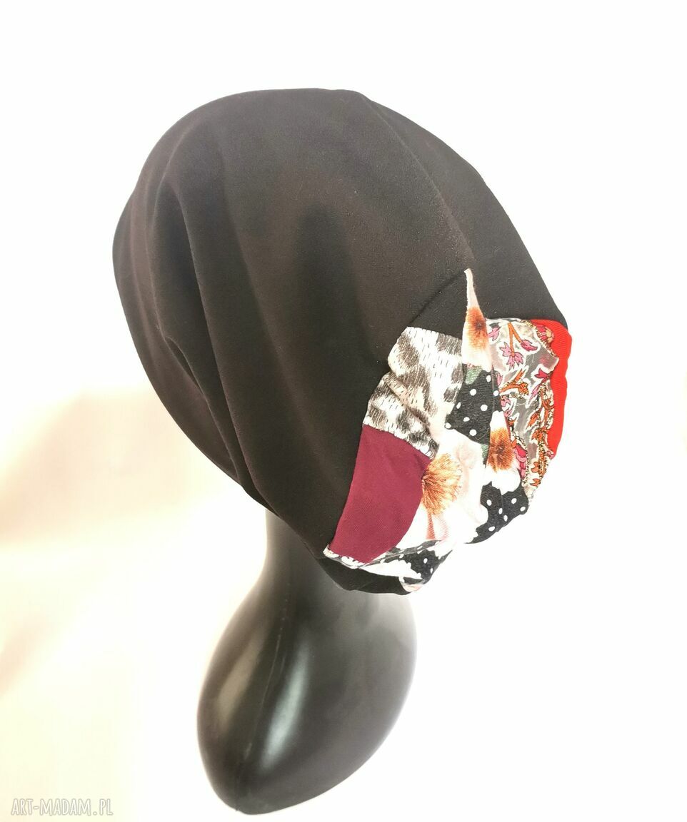 Czarna czapka patchworkowa Smerfetka na podszewce - handmade i lekko rozciągliwa