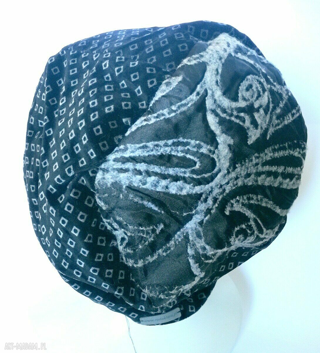 Czapka damska aksamitna szaro-czarna boho z podszewką
