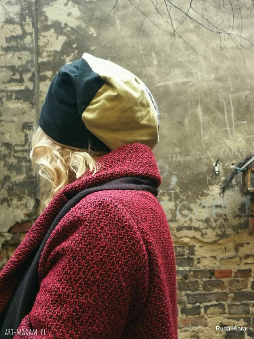 Czapka damska patchworkowa boho z aplikacją - handmade na podszewce (rozmiar uniwersalny)