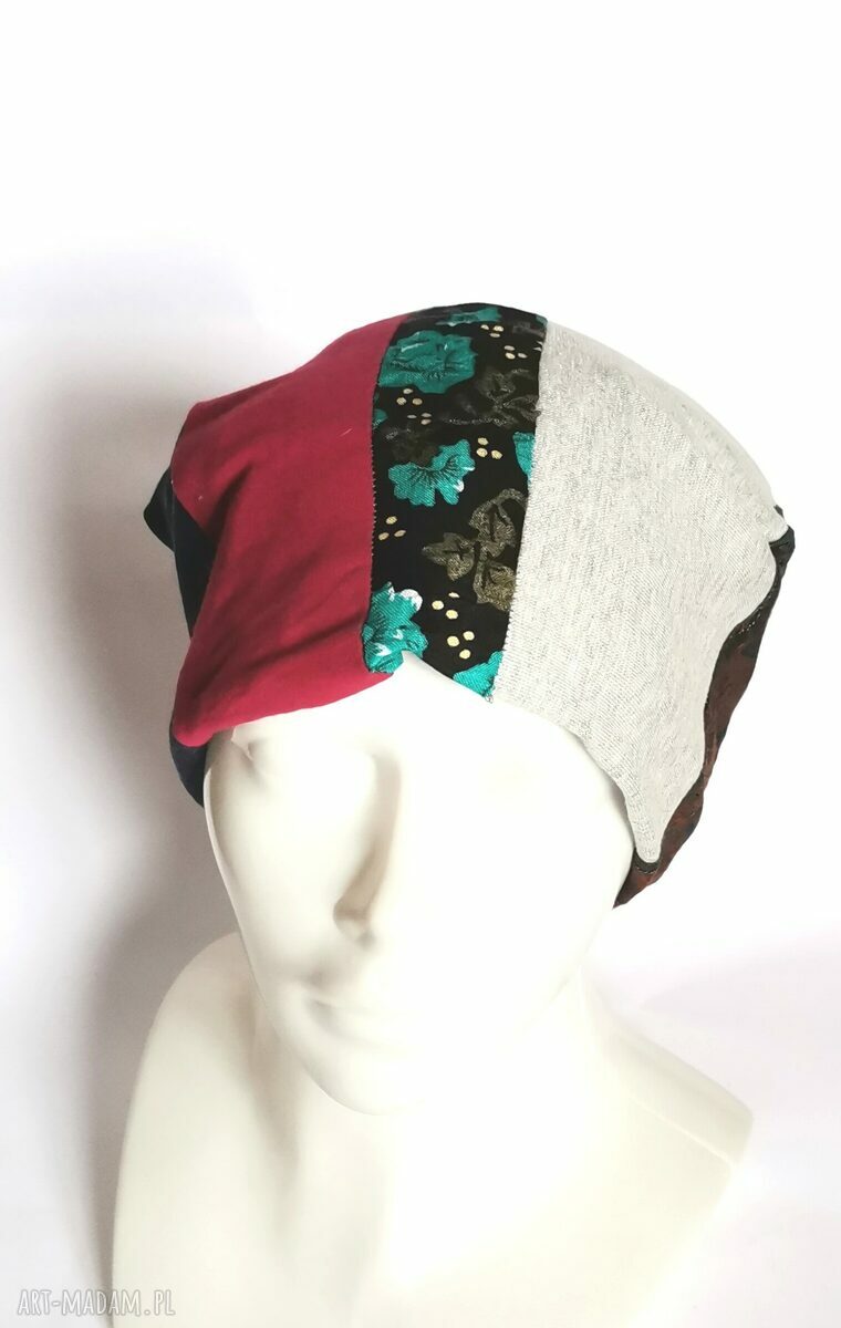 Czapka damska patchworkowa na podszewce - handmade uniwersalna