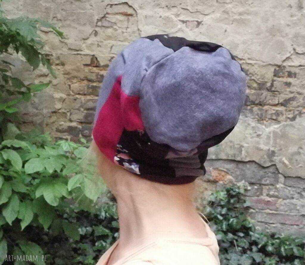 Czapka damska patchworkowa - ciepła, miękka i etno na podszewce (59 cm)