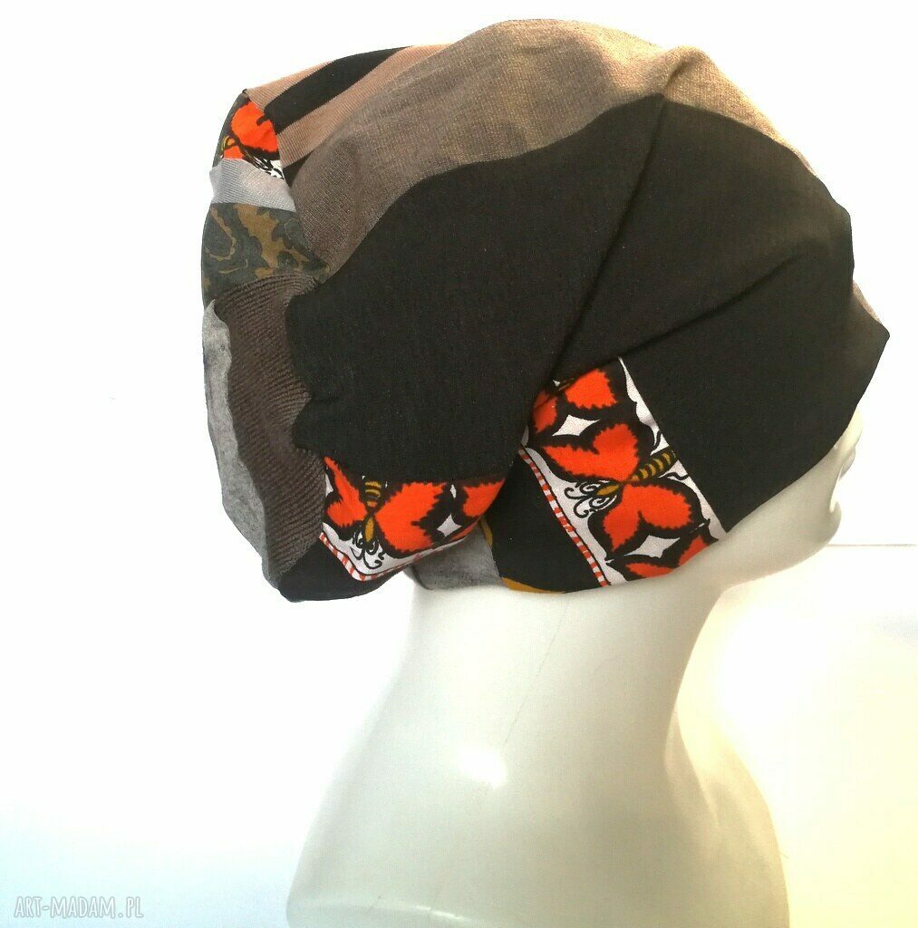 Czapka damska patchworkowa boho - przejściówka na podszewce