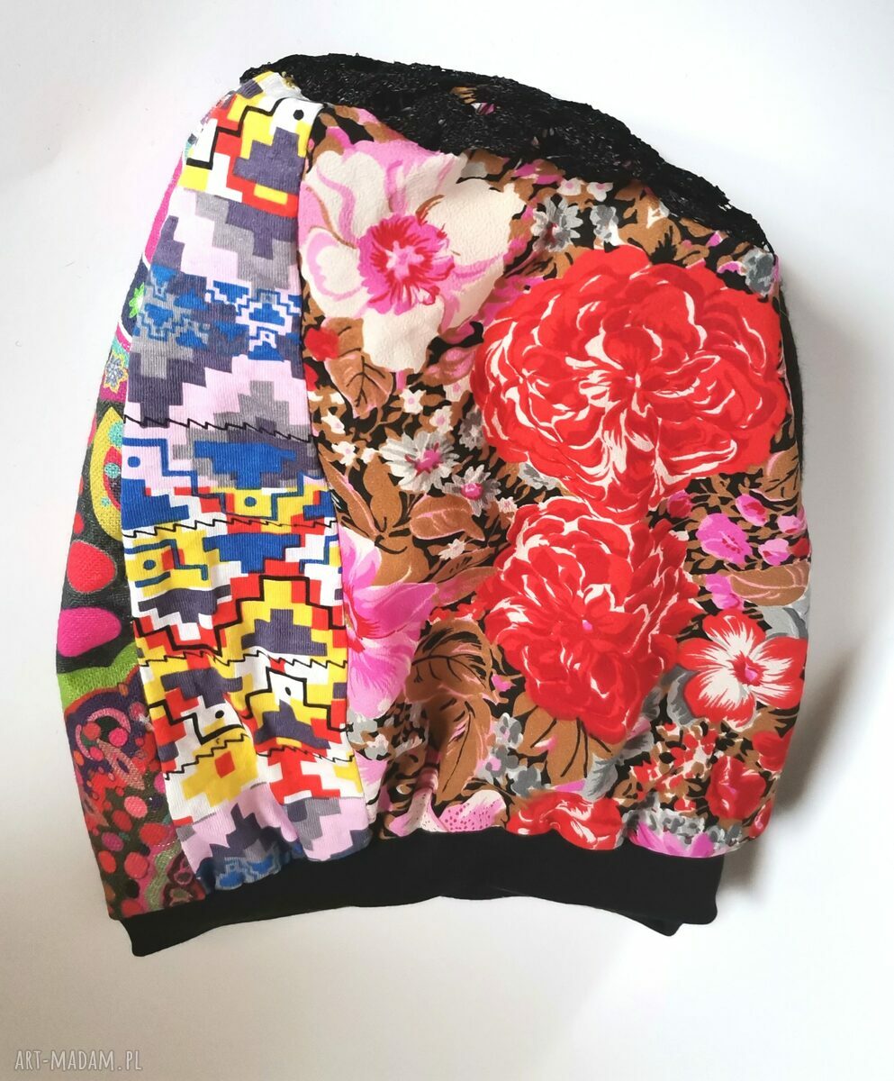 Czapka damska boho z patchworku i koronki - etno folk, rozmiar uniwersalny