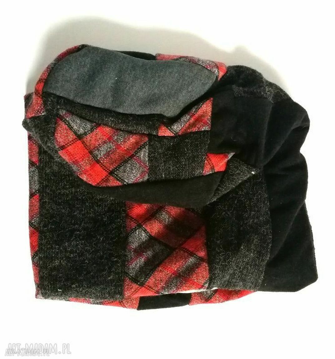 Czapka damska z dresówki patchwork - szkocka kratka boho etno folk