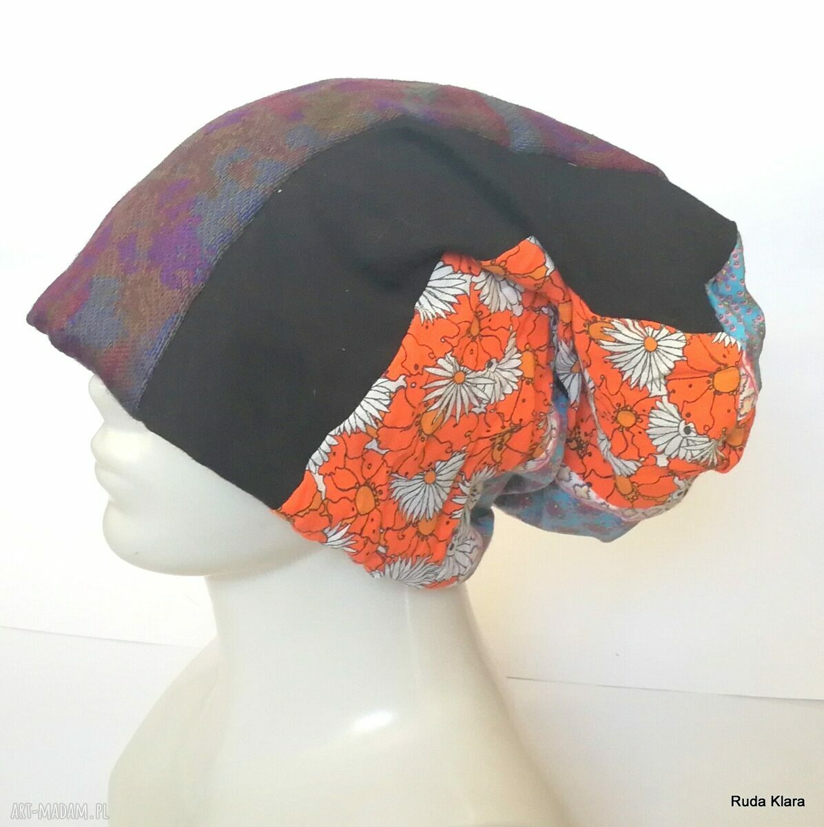 Czapka damska etno-boho Smerfetka - patchwork na podszewce, rozmiar 59-61 cm