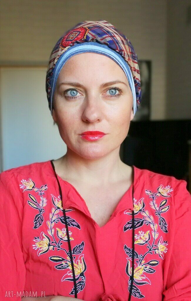 Czapka damska boho „Smerfetka” - wiosenna na podszewce