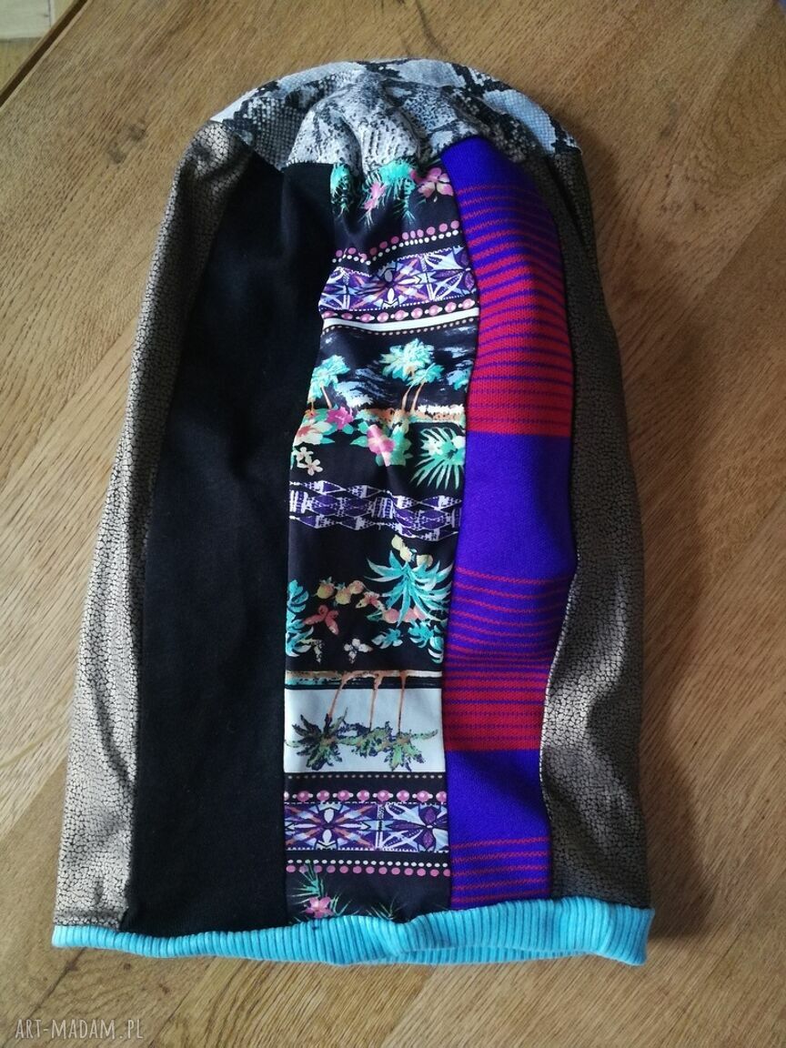 Czapka damska patchworkowa wiosenna - box waliz na podszewce, rozmiar uniwersalny (długa smerfetka 30 cm)