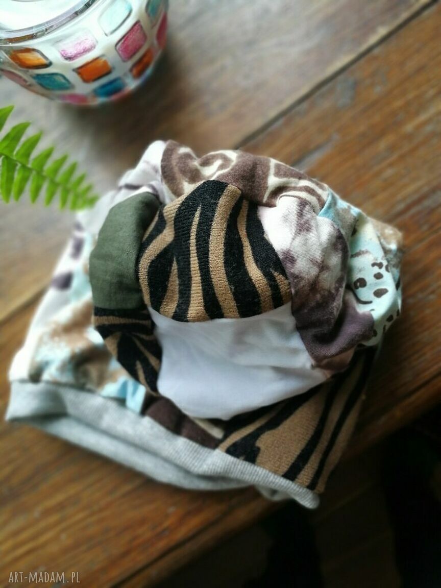 Czapka damska Smerfetka patchworkowa na podszewce - turbanowy efekt