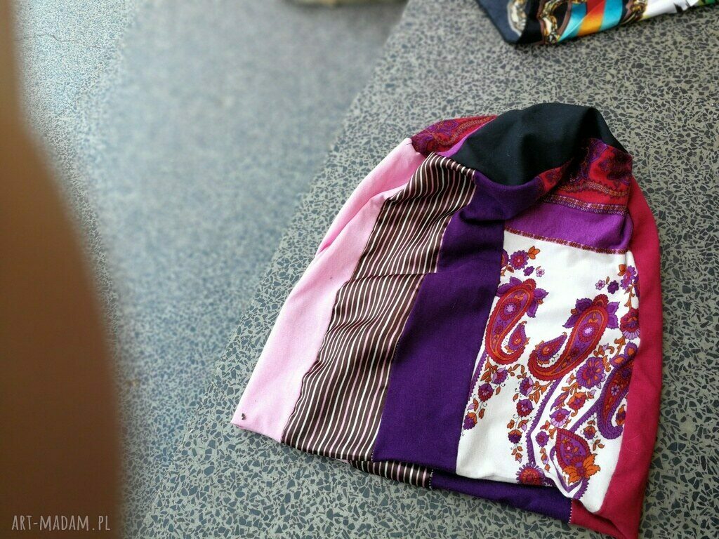 Czapka damska patchworkowa boho etno folk - kolorowa na podszewce (59-60 cm)