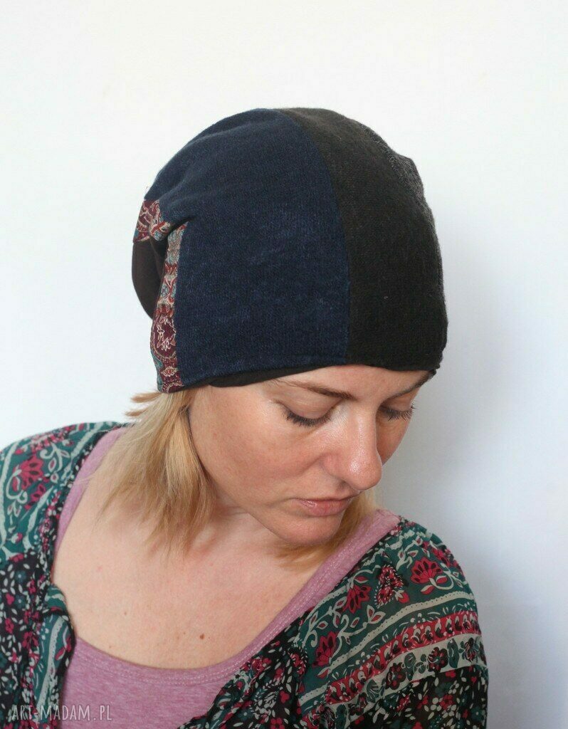 Ciepła czapka damska patchworkowa na podszewce - boho i etno orient (59-60 cm)