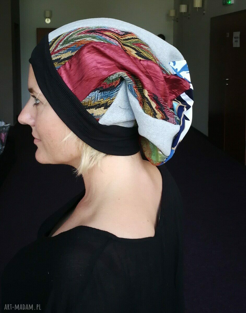 Czapka damska na podszewce 58-59 cm w stylu etno boho patchwork