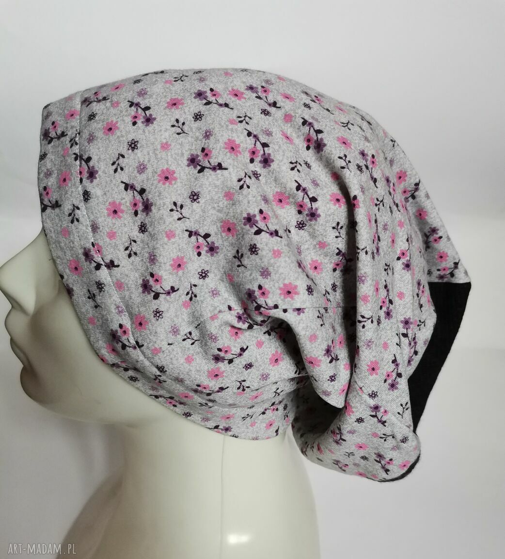 Czapka damska boho folk w kwiatki - wiosenna na podszewce