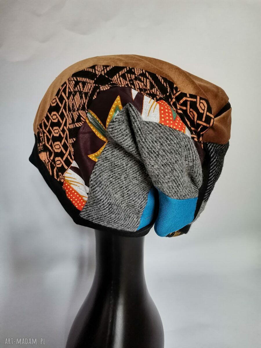 Turbanowa czapka damska handmade „Smerfetka” Frida - etno boho folk na podszewce