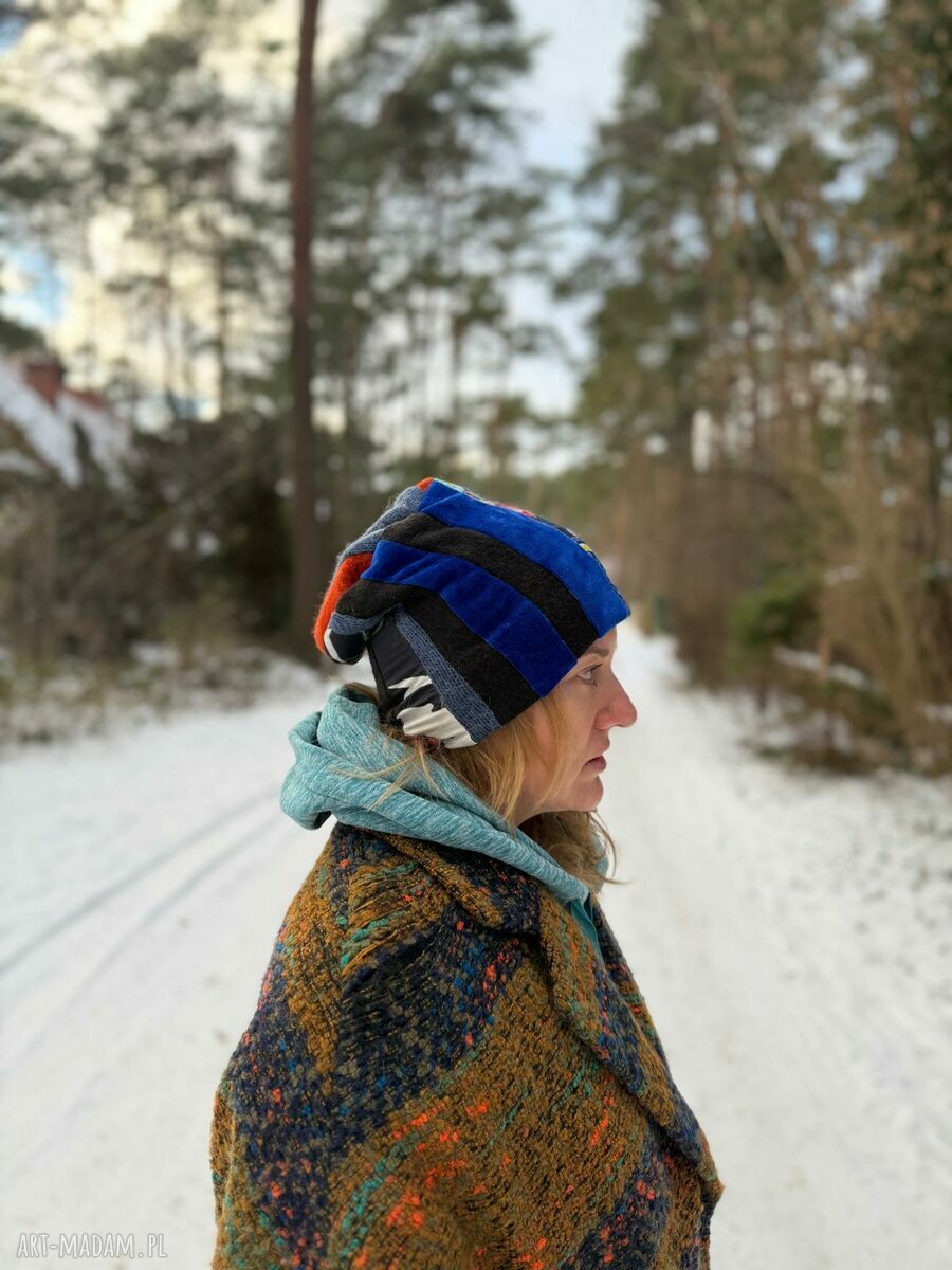 Czapka damska Smerfetka patchworkowa na podszewce