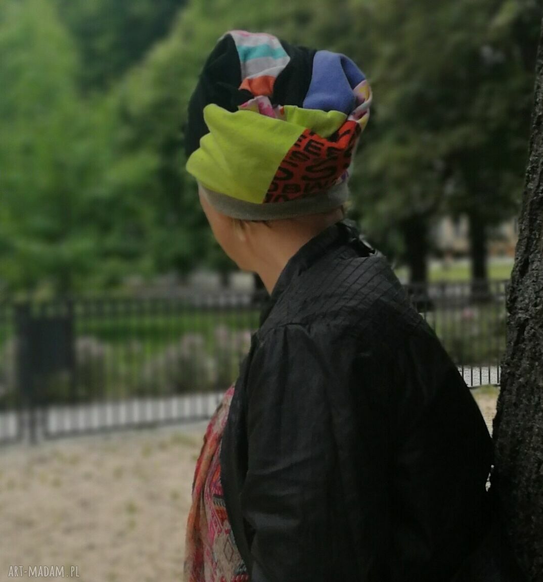 Czapka damska patchworkowa boho folk - długa smerfetka na podszewce