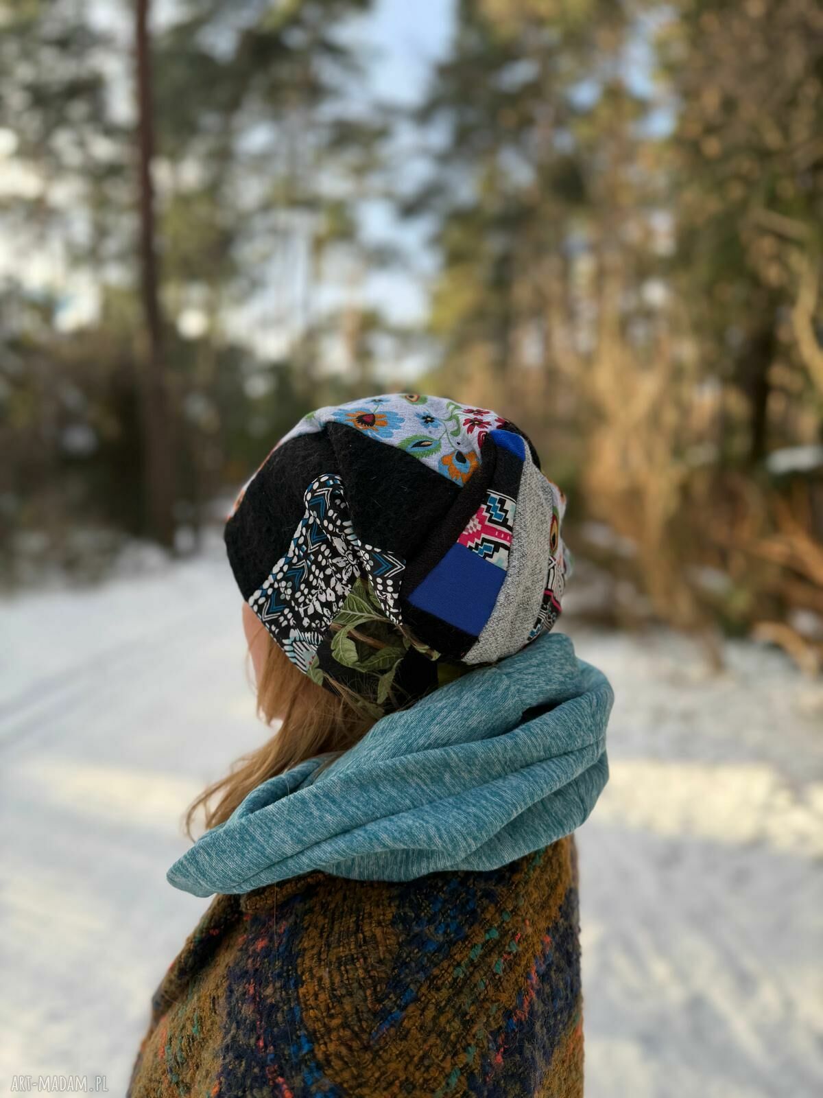 Czapka damska Smerfetka patchworkowa na podszewce