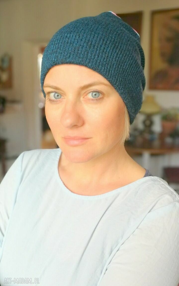 Czapka damska turkusowa w grochy - ręcznie szyta boho etno na podszewce