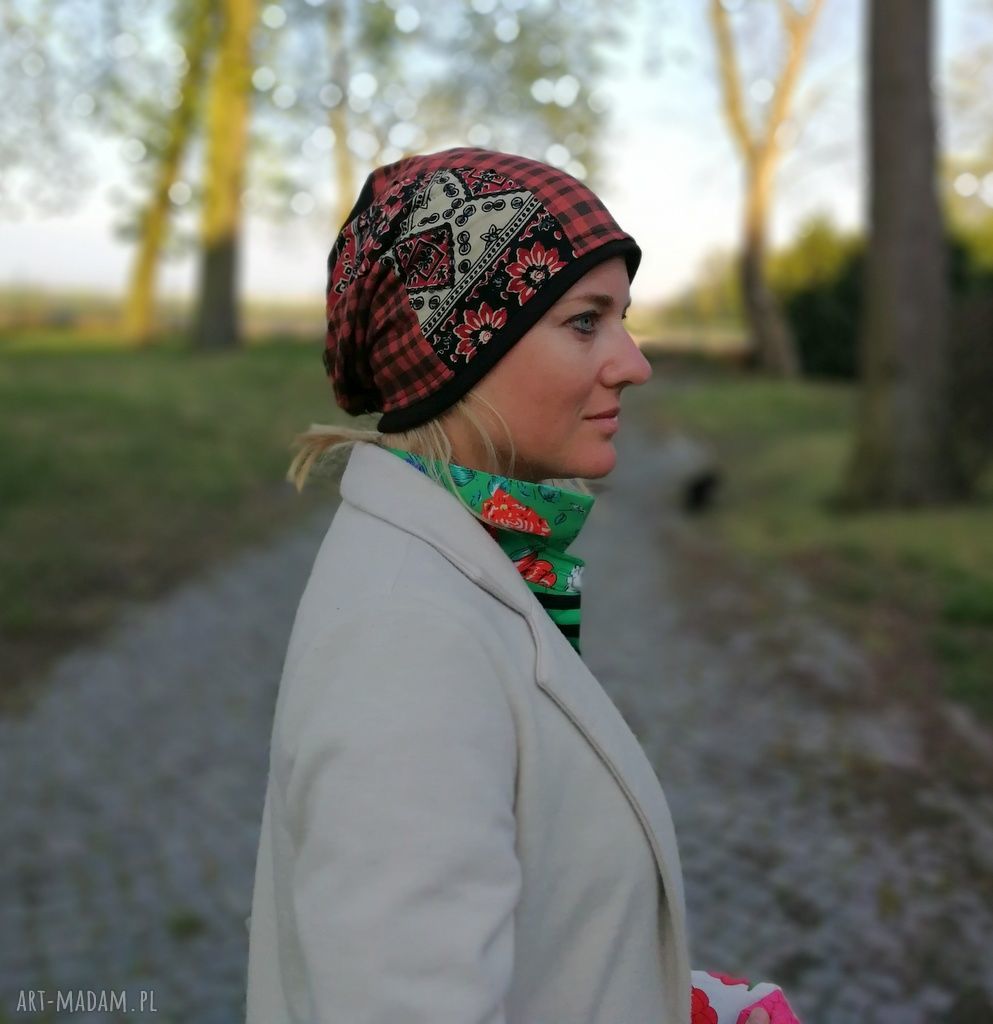 Czapka damska handmade patchwork Etno Boho - wiosenna na podszewce