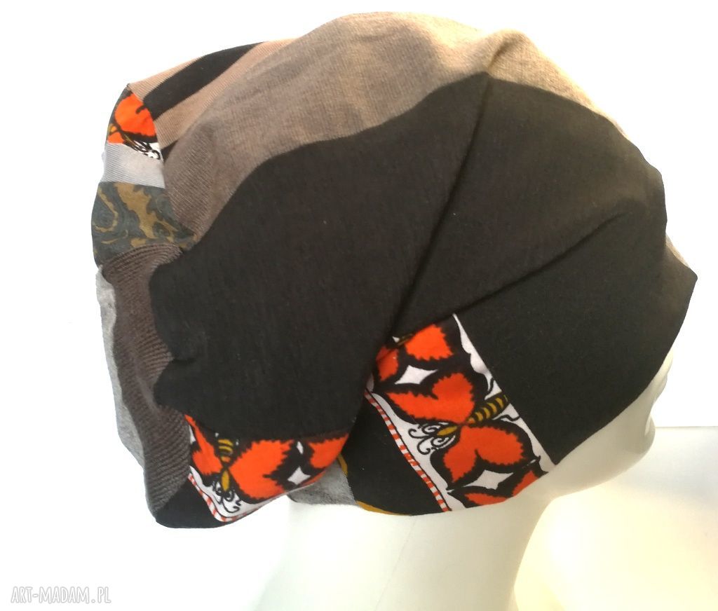 Czapka damska patchworkowa boho - przejściówka na podszewce