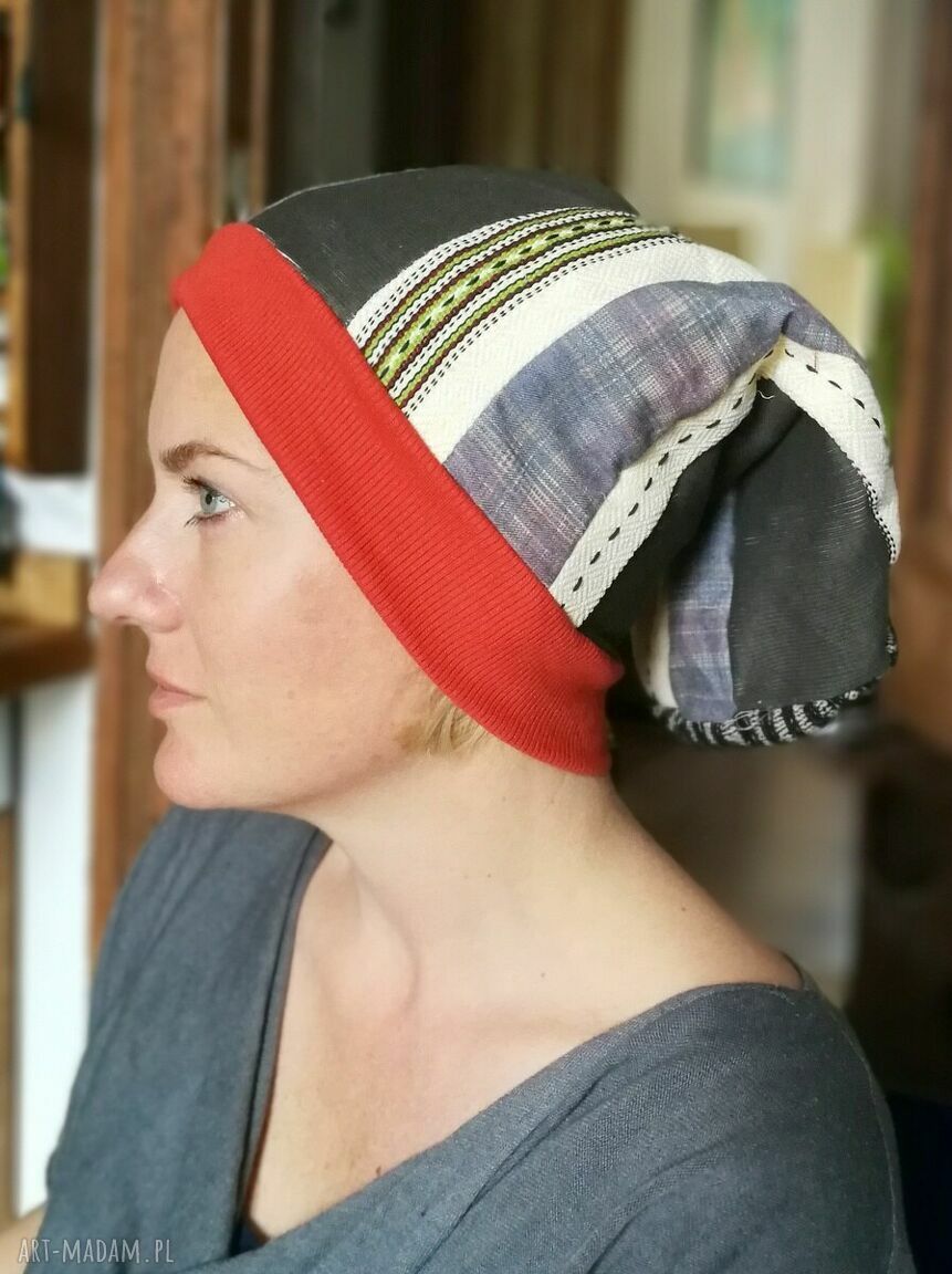 Czapka damska Smerfetka - patchwork boho etno na podszewce