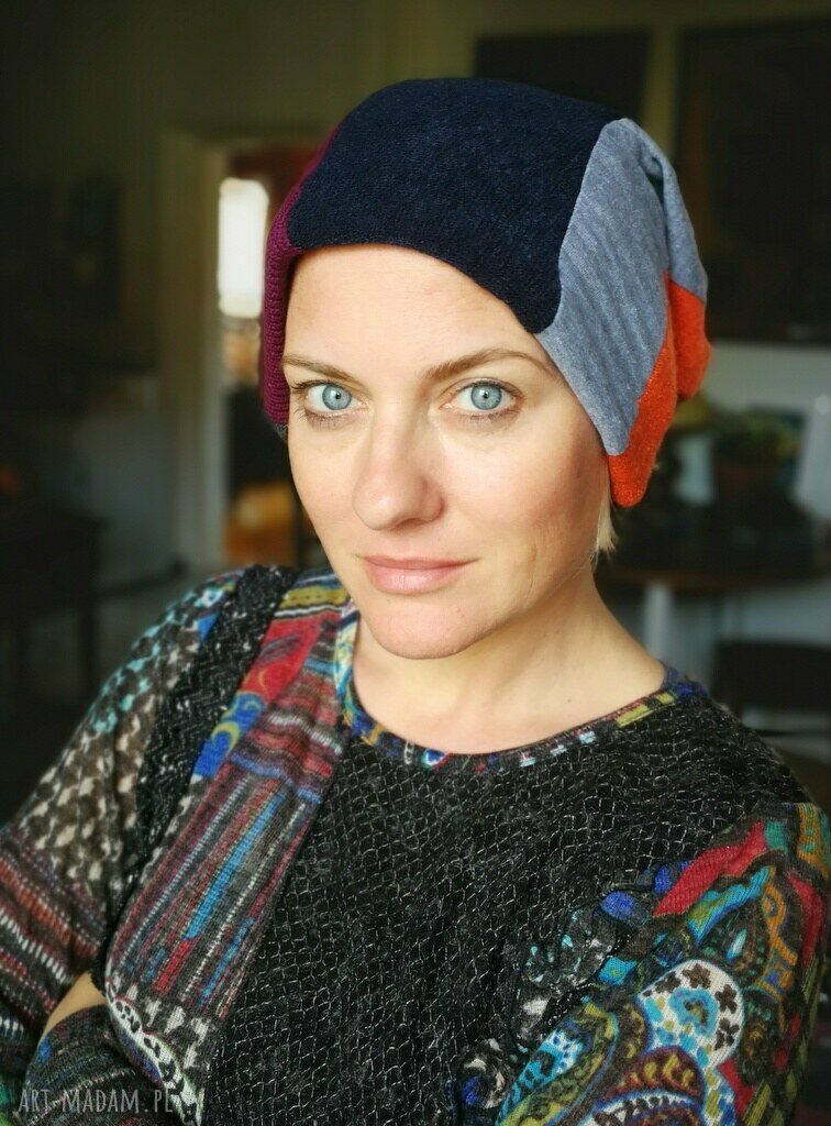 Czapka damska etno boho w grochy, patchwork na podszewce - rozmiar uniwersalny