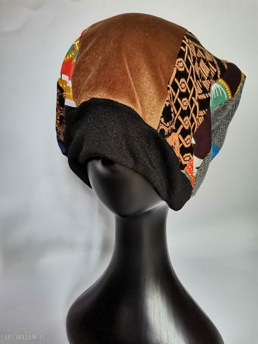 Turbanowa czapka damska handmade „Smerfetka” Frida - etno boho folk na podszewce
