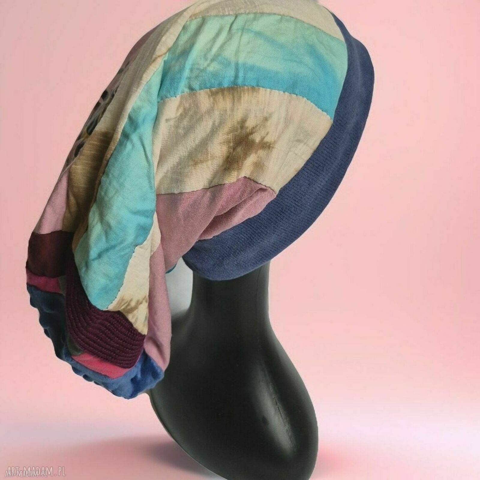 Kolorowa czapka patchworkowa turbanowa dla kobiet