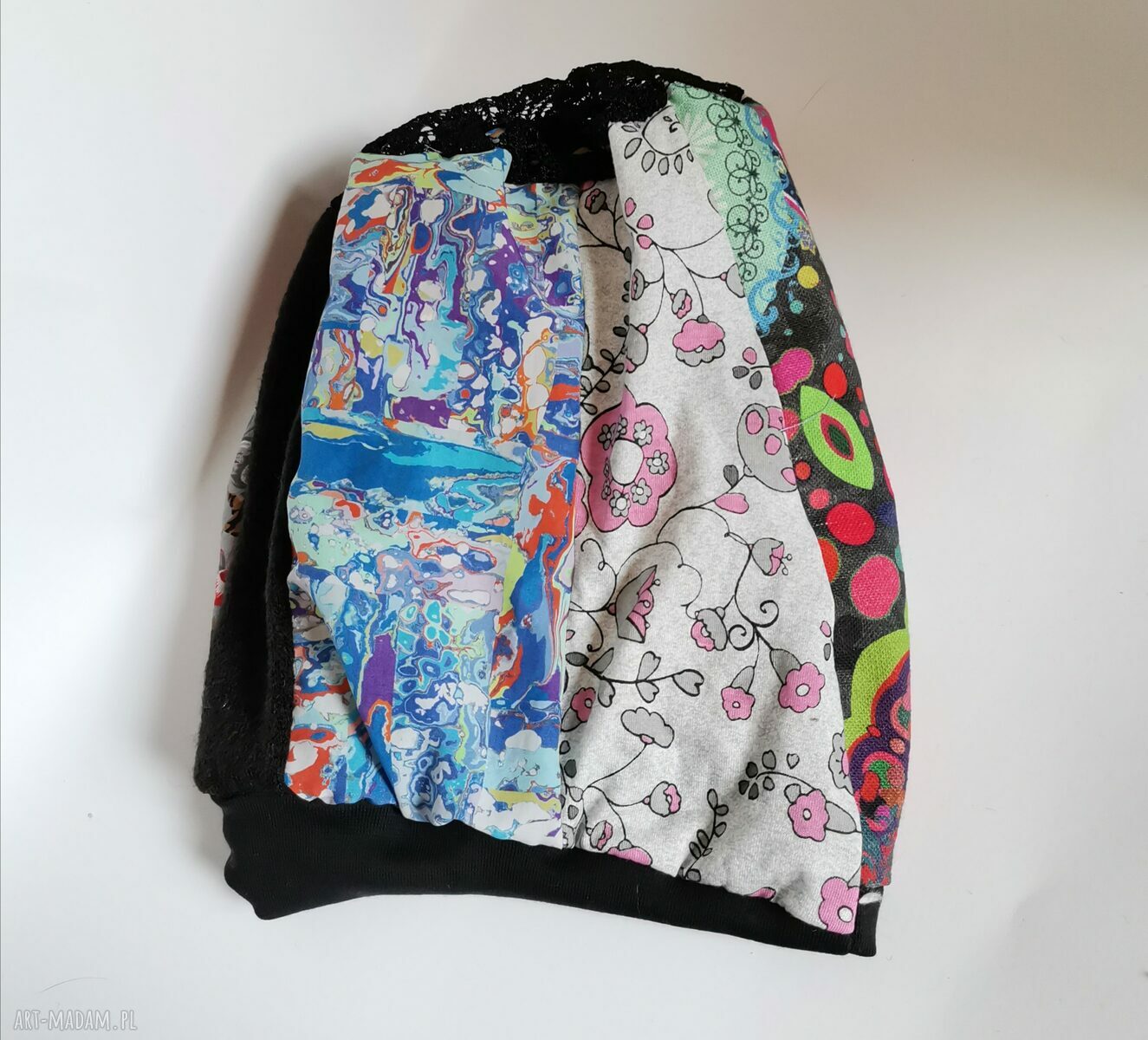 Czapka damska boho z patchworku i koronki - etno folk, rozmiar uniwersalny