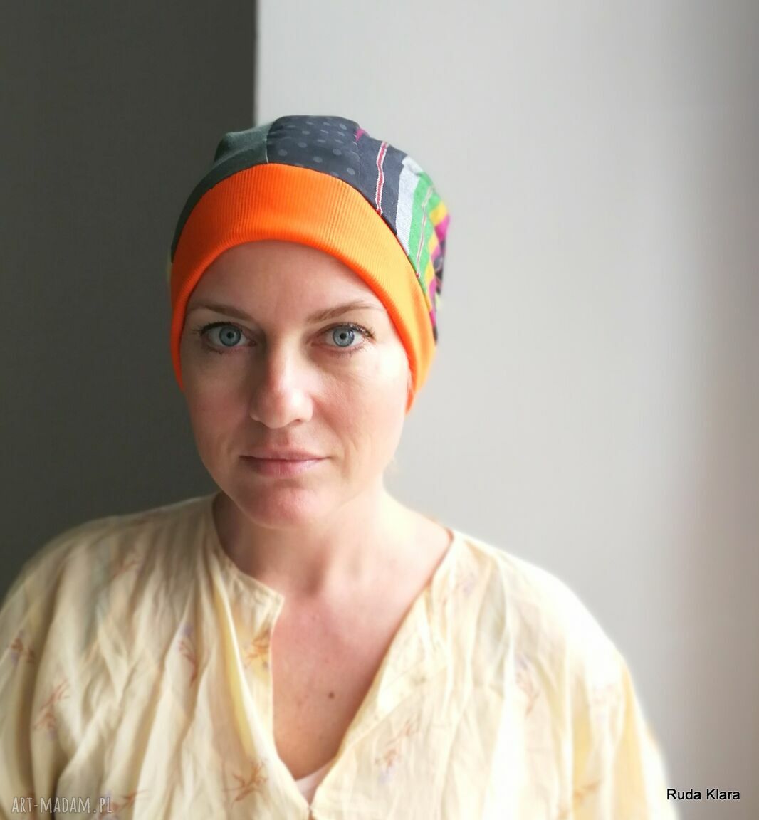 Ręcznie szyta czapka damska etno-boho - patchwork na podszewce, rozmiar uniwersalny