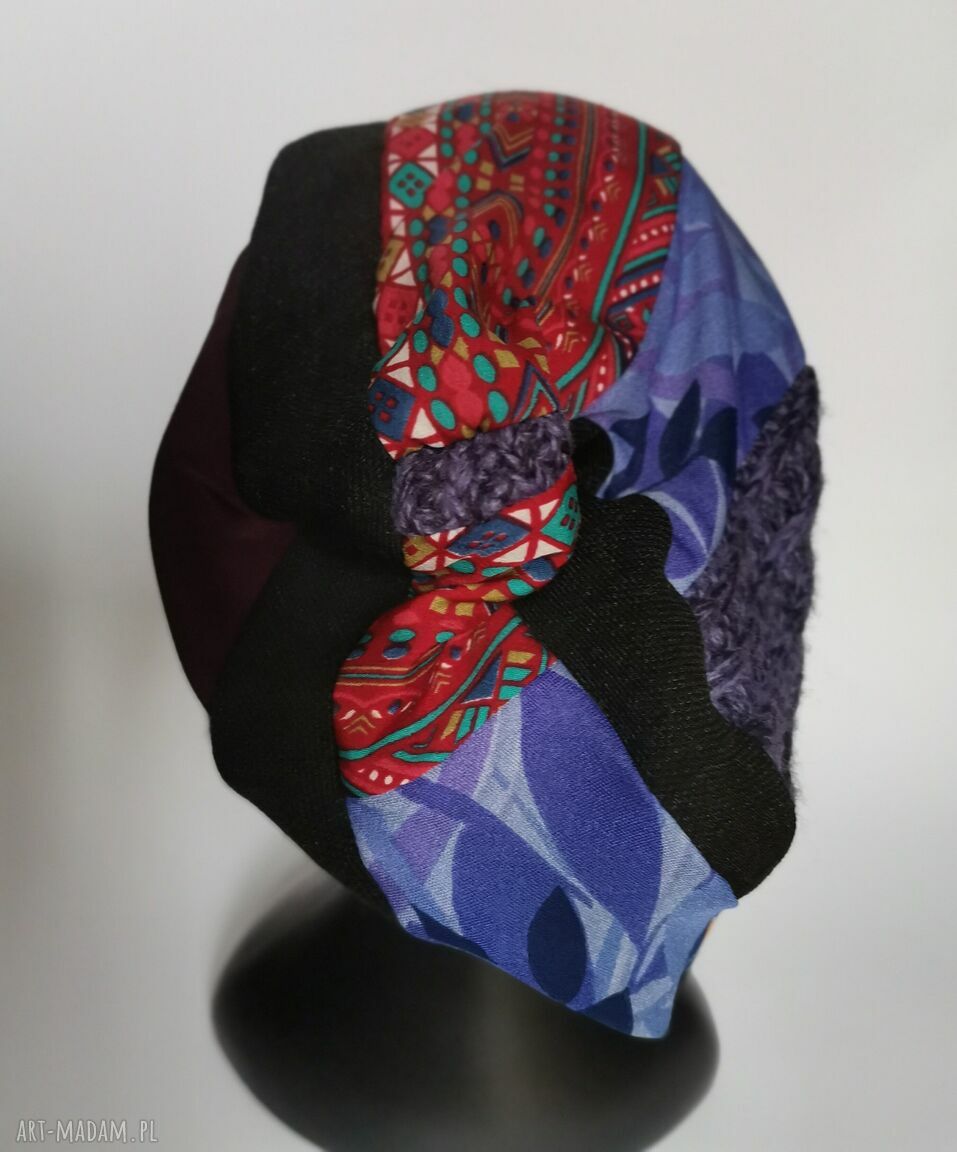 Czapka damska patchworkowa „Smerfetka” folk boho etno - na podszewce, rozmiar uniwersalny