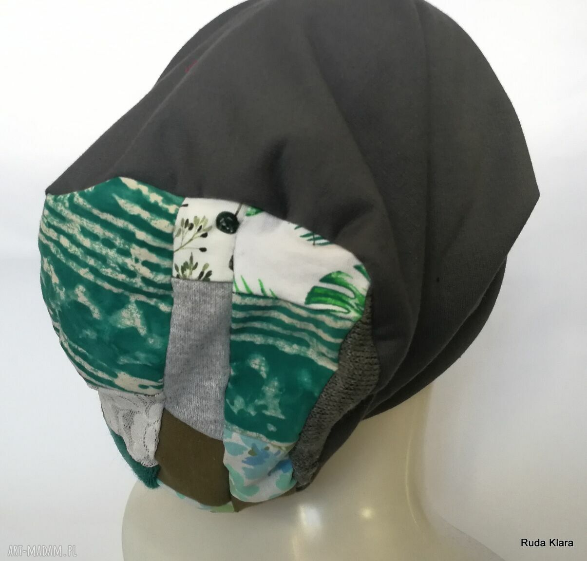 Szara czapka damska handmade - patchworkowa wiosenna na podszewce (59 cm)