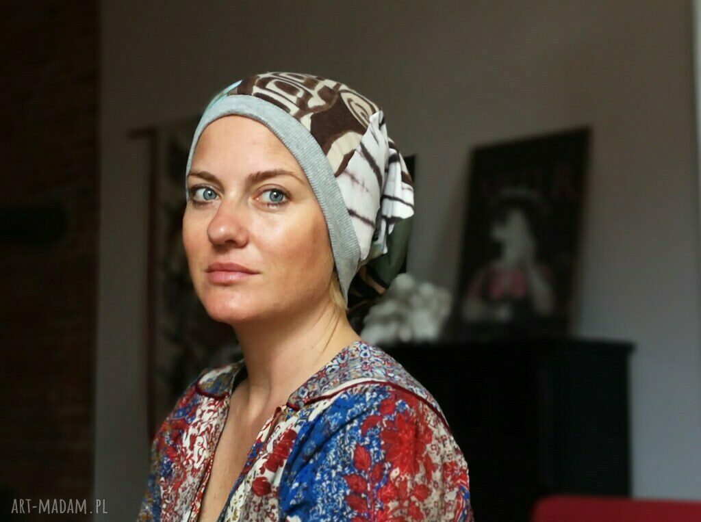 Czapka damska Smerfetka patchworkowa na podszewce - turbanowy efekt