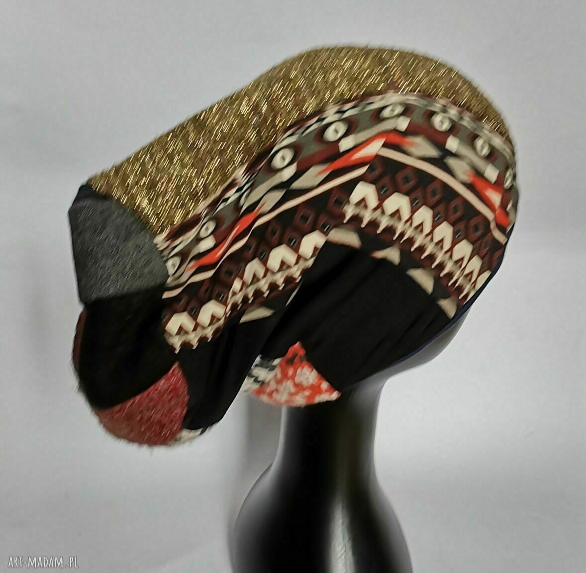 Czapka damska Smerfetka patchworkowa Etno Folk boho na podszewce