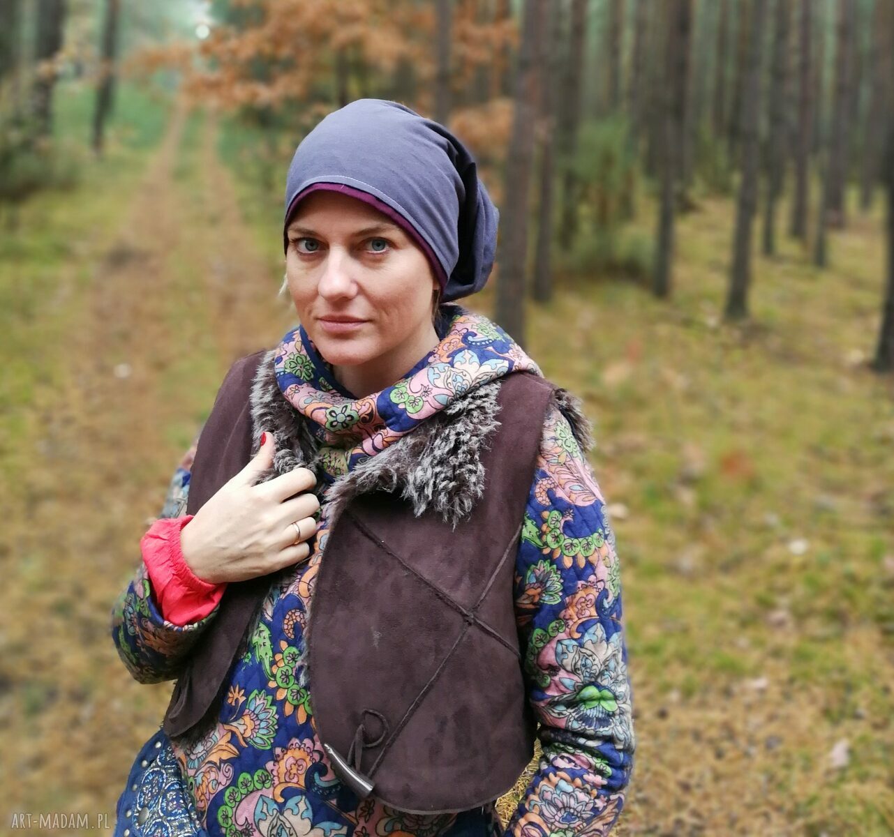 Czapka damska dzianinowa Boho szara „Klara” na podszewce - miękka i wygodna